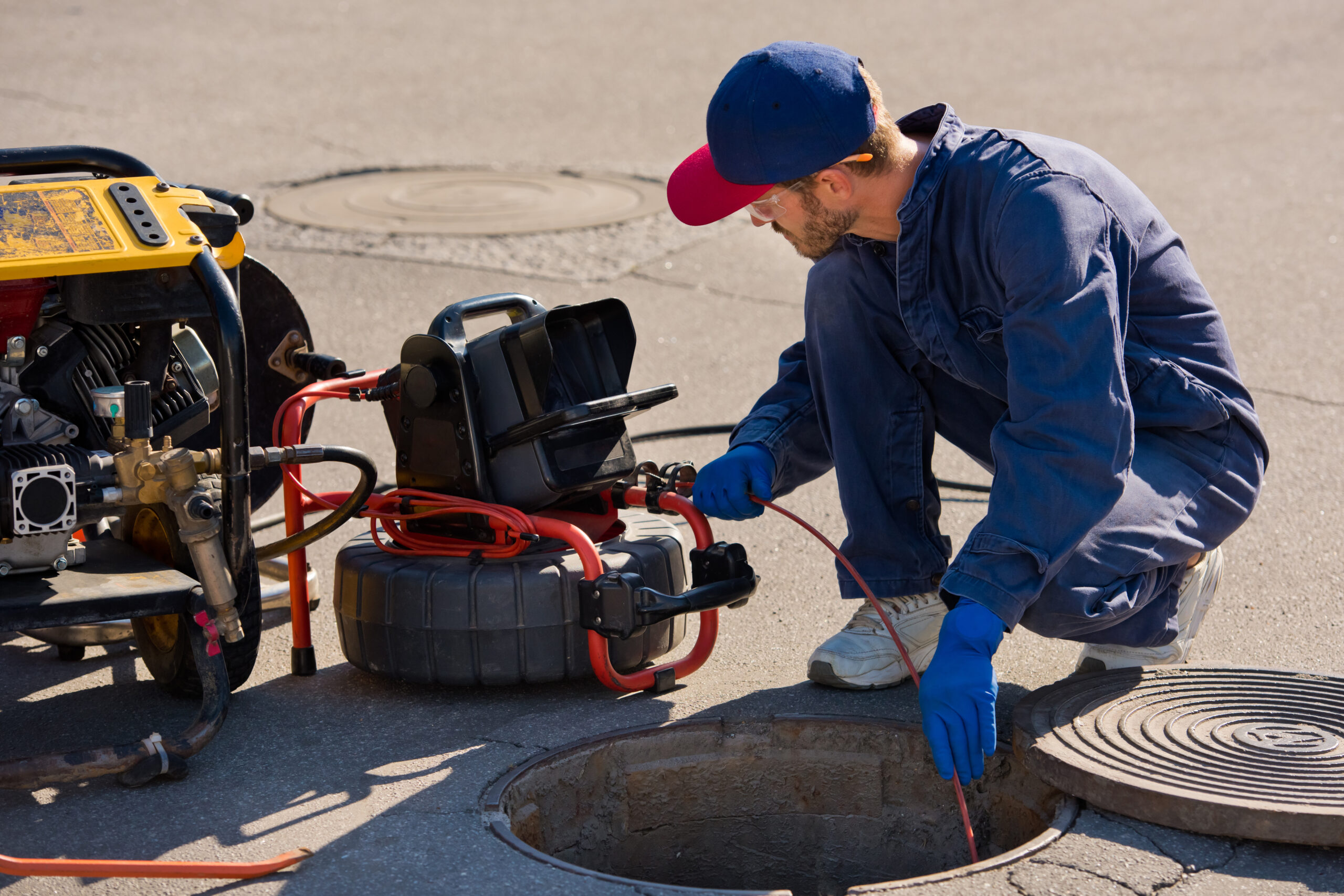 Plumber prepares to fix the problem in the sewer with portable camera for pipe inspection and other plumbing work.